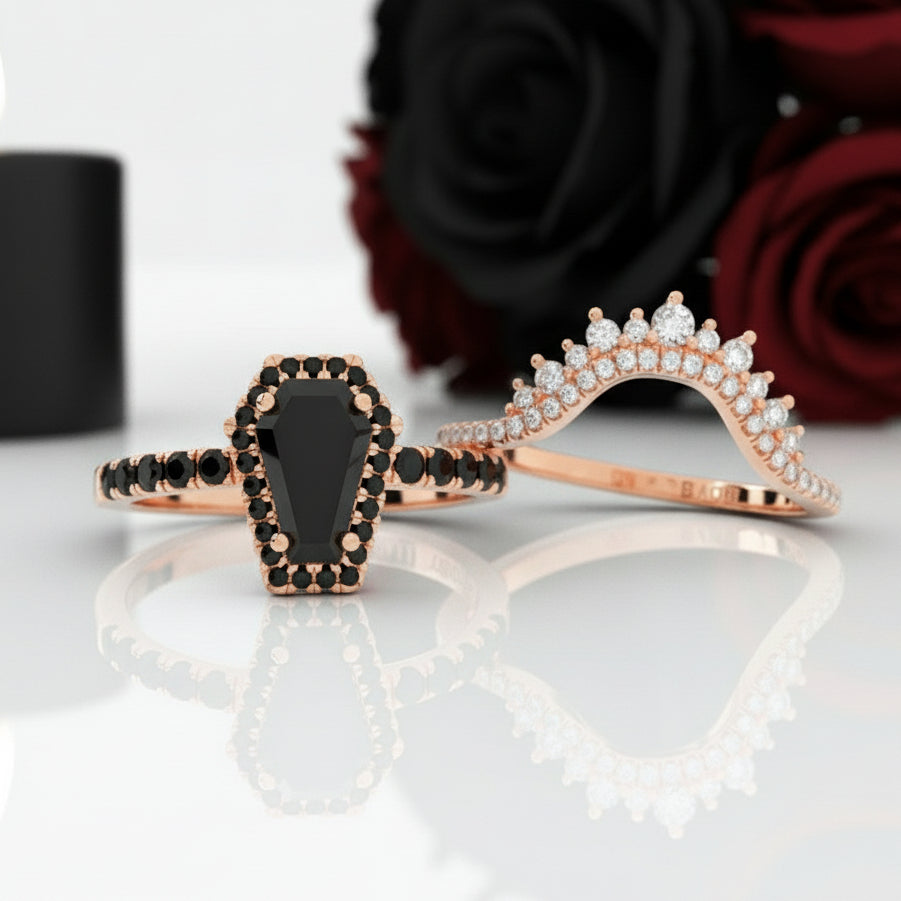 Best Love Rings- Rare Coffin Cut Diamond Option 14k Gold Gothic Ring Set