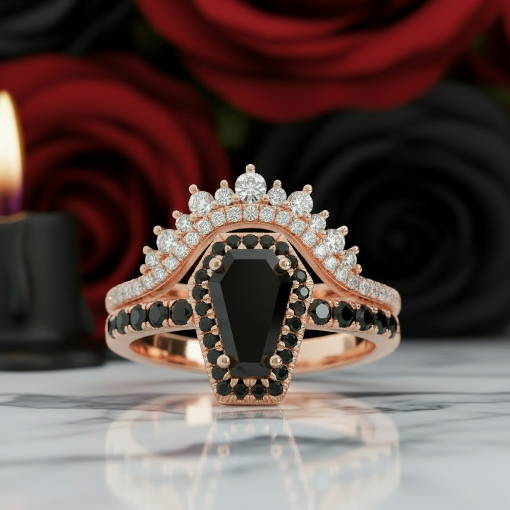 Best Love Rings- Rare Coffin Cut Diamond Option 14k Gold Gothic Ring Set