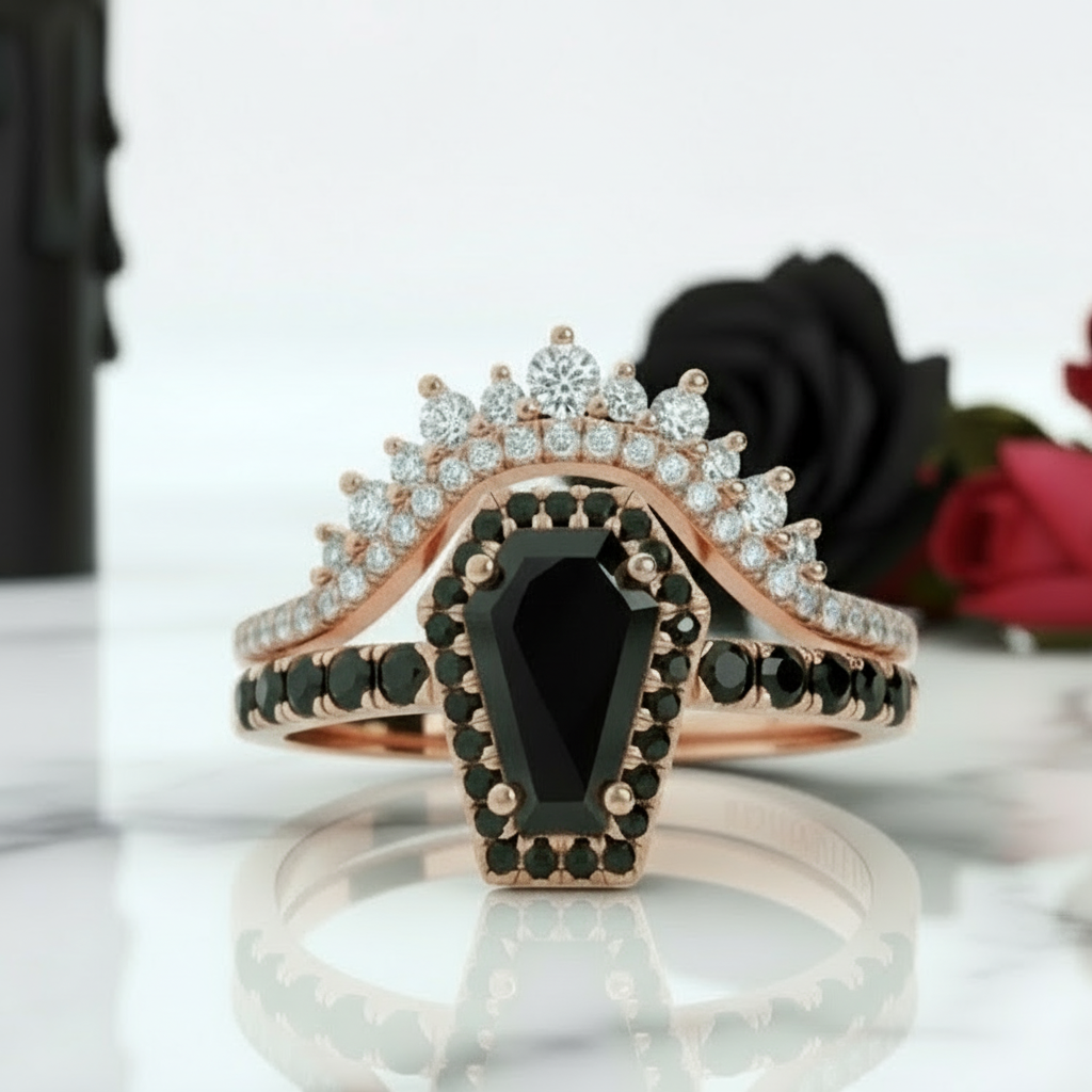 Best Love Rings- Rare Coffin Cut Diamond Option 14k Gold Gothic Ring Set