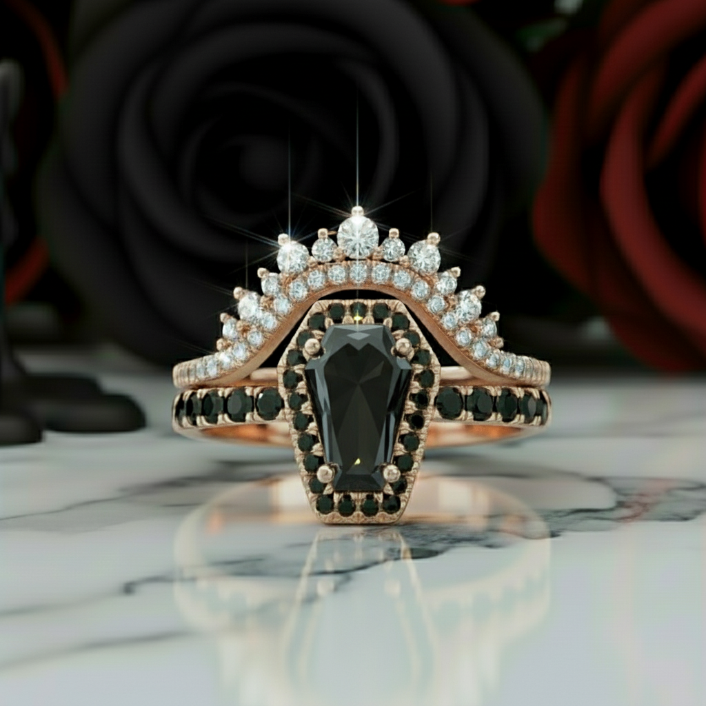 Best Love Rings- Rare Coffin Cut Diamond Option 14k Gold Gothic Ring Set