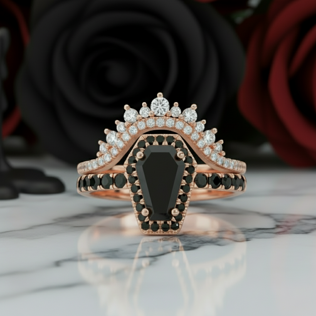 Best Love Rings- Rare Coffin Cut Diamond Option 14k Gold Gothic Ring Set