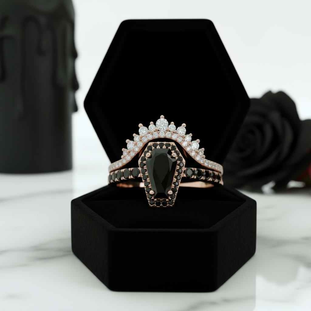 Best Love Rings- Rare Coffin Cut Diamond Option 14k Gold Gothic Ring Set
