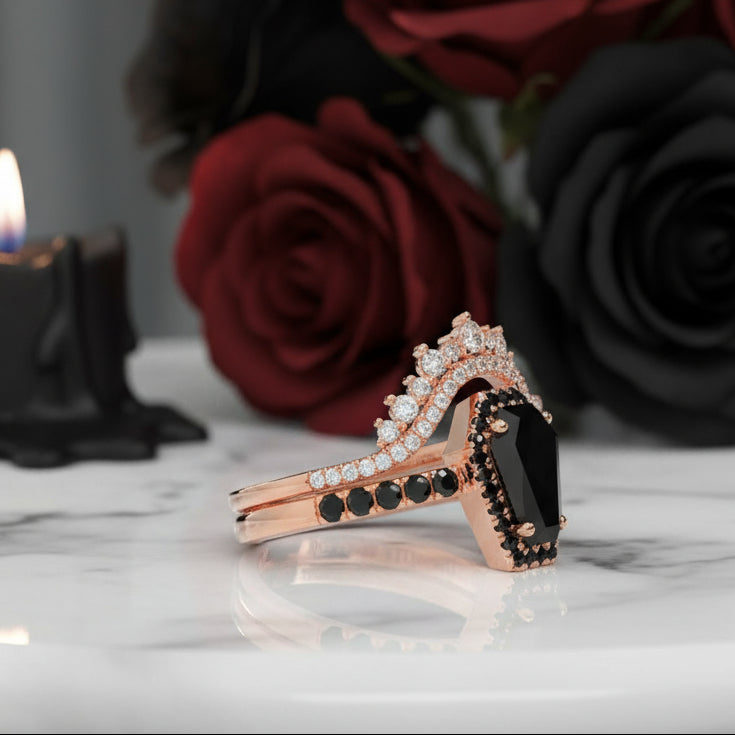 Best Love Rings- Rare Coffin Cut Diamond Option 14k Gold Gothic Ring Set