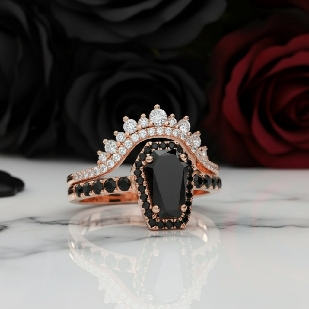 Best Love Rings- Rare Coffin Cut Diamond Option 14k Gold Gothic Ring Set