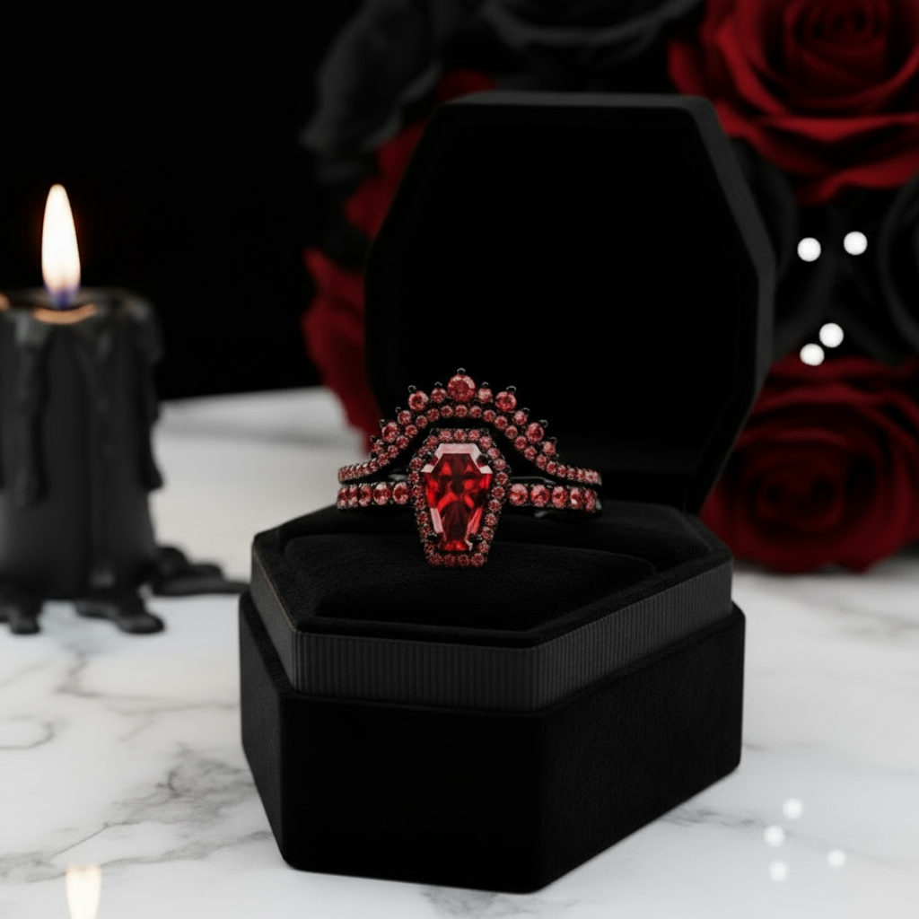 Best Love Rings- Rare Coffin Cut Diamond Option 14k Gold Gothic Ring Set