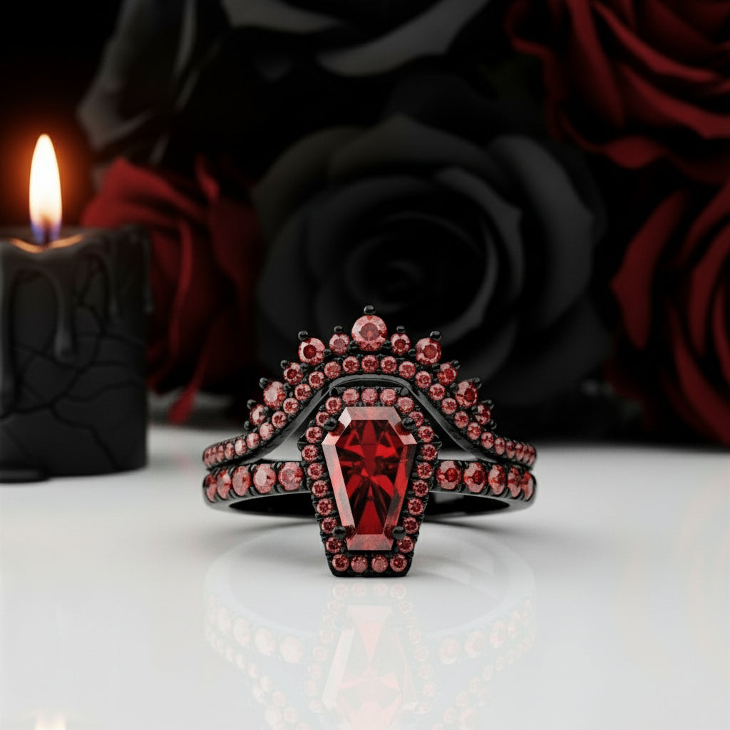 Best Love Rings- Rare Coffin Cut Diamond Option 14k Gold Gothic Ring Set