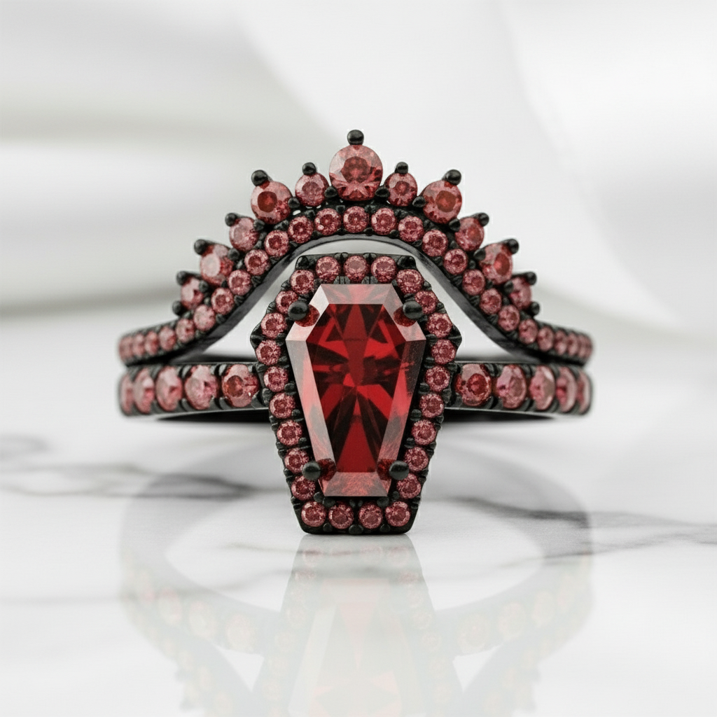 Best Love Rings- Rare Coffin Cut Diamond Option 14k Gold Gothic Ring Set