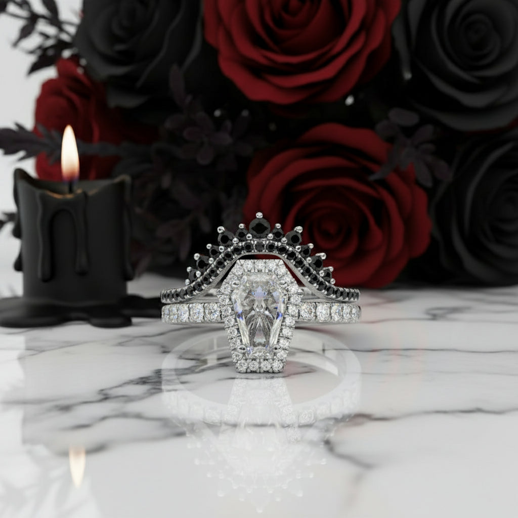 Best Love Rings- Rare Coffin Cut Diamond Option 14k Gold Gothic Ring Set