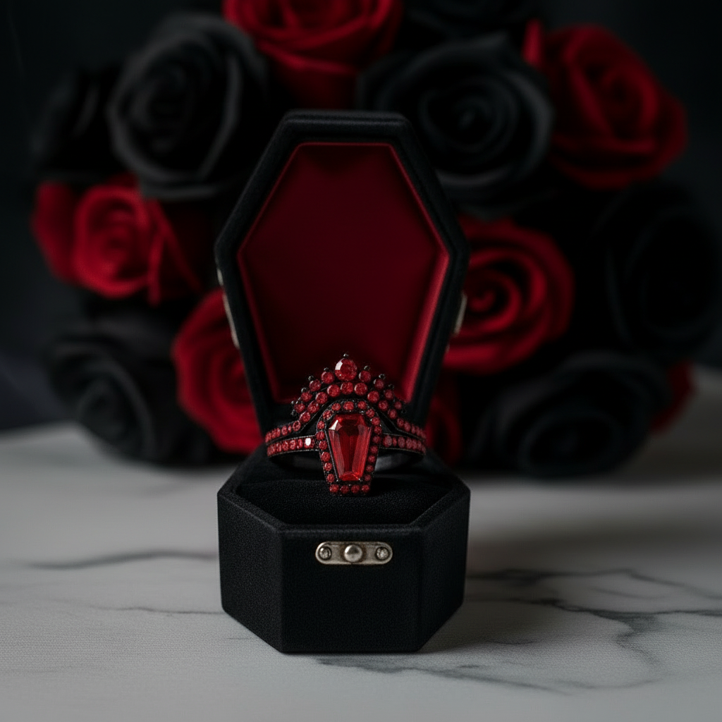 Best Love Rings- Rare Coffin Cut Diamond Option 14k Gold Gothic Ring Set