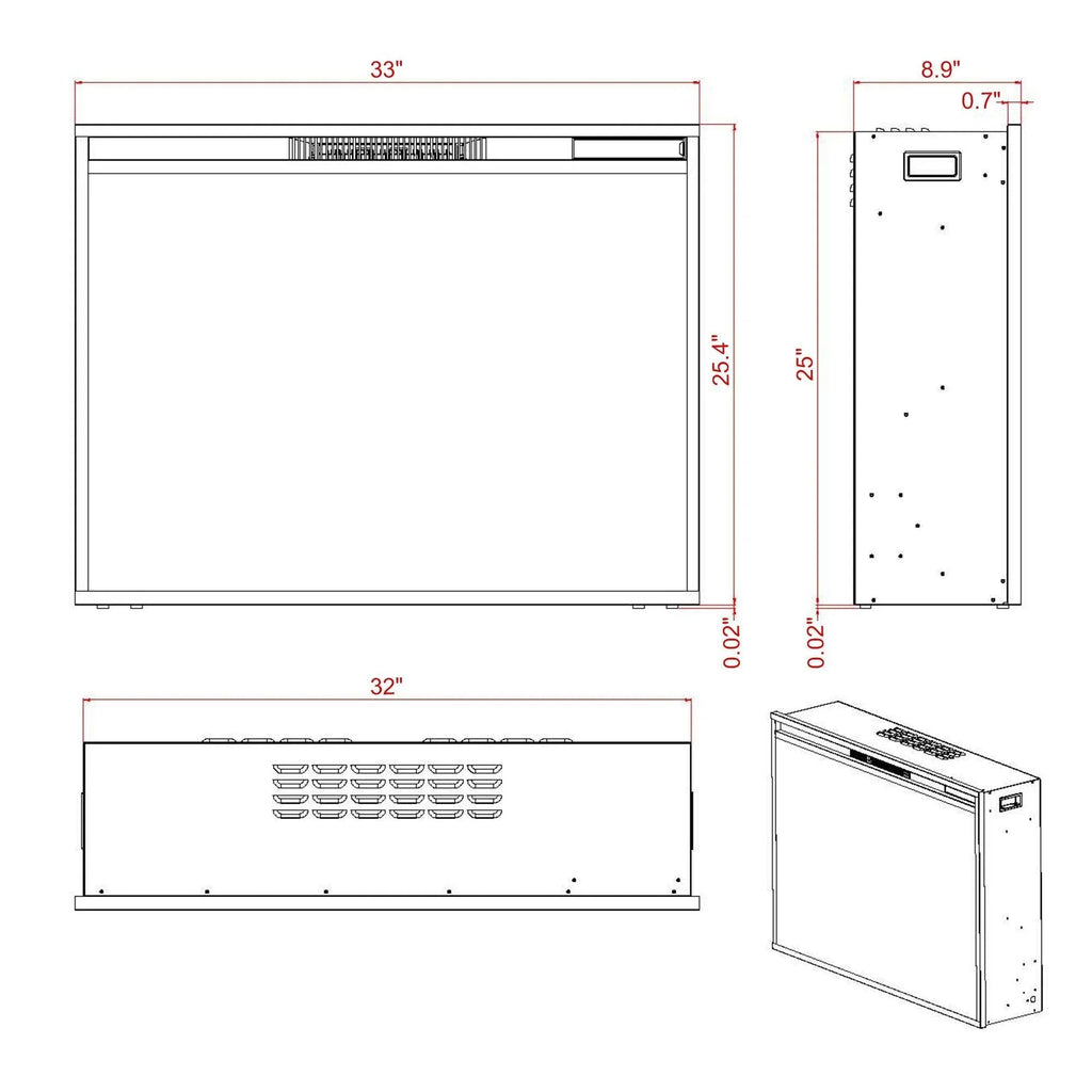 Black Electric Fireplace Heater Insert with Overheating Protection and Remote Control