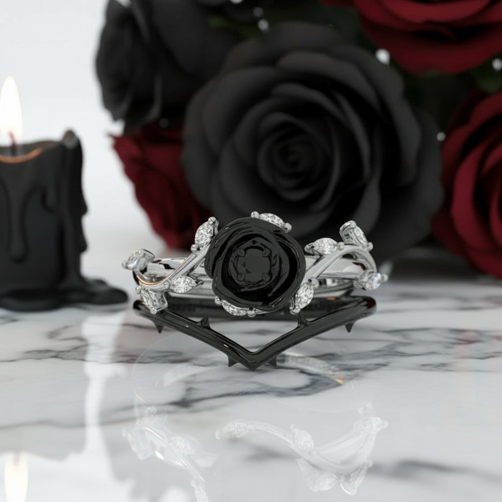 Black Rose- .50ct Round Cut Diamond Option 14k Gold Modern Goth Engagement Ring