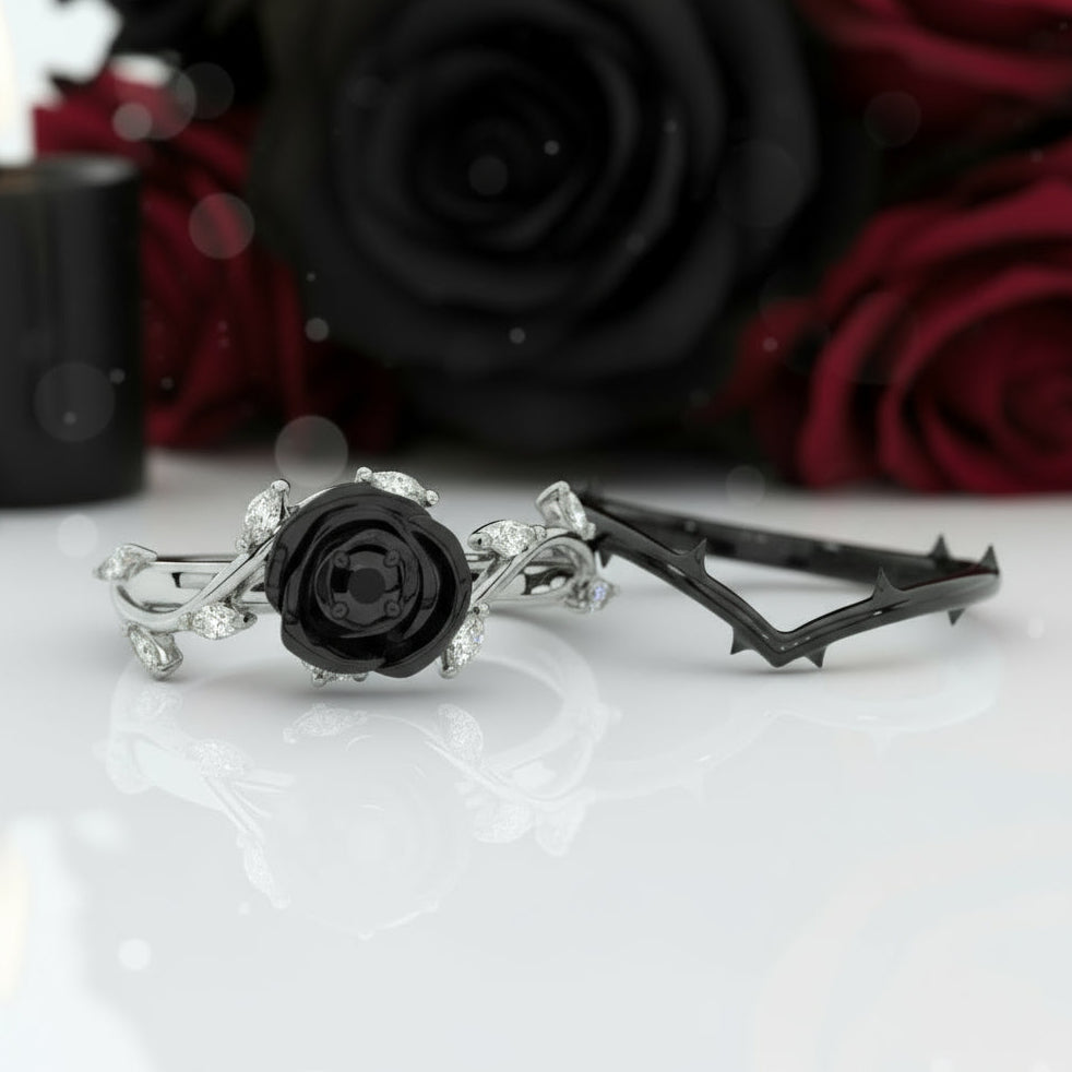 Black Rose- .50ct Round Cut Diamond Option 14k Gold Modern Goth Engagement Ring
