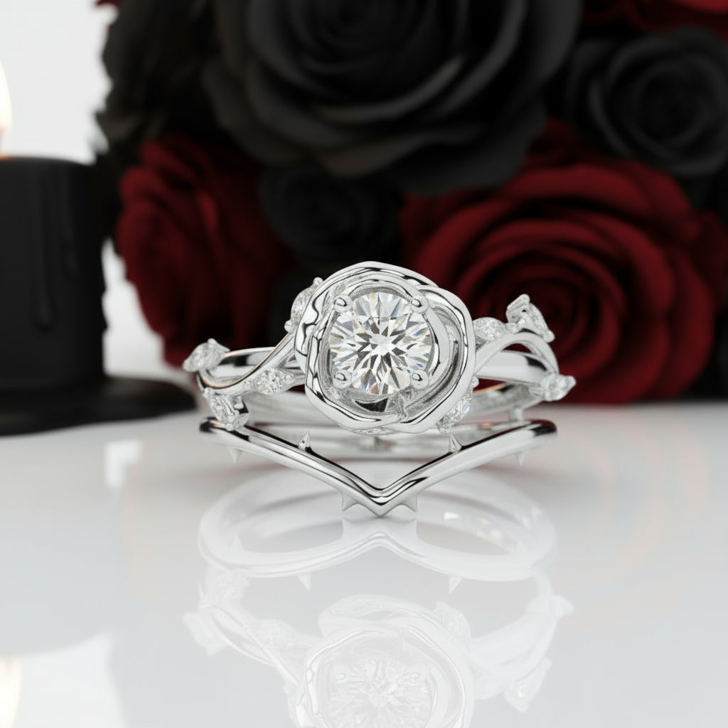 Black Rose- .50ct Round Cut Diamond Option 14k Gold Modern Goth Engagement Ring