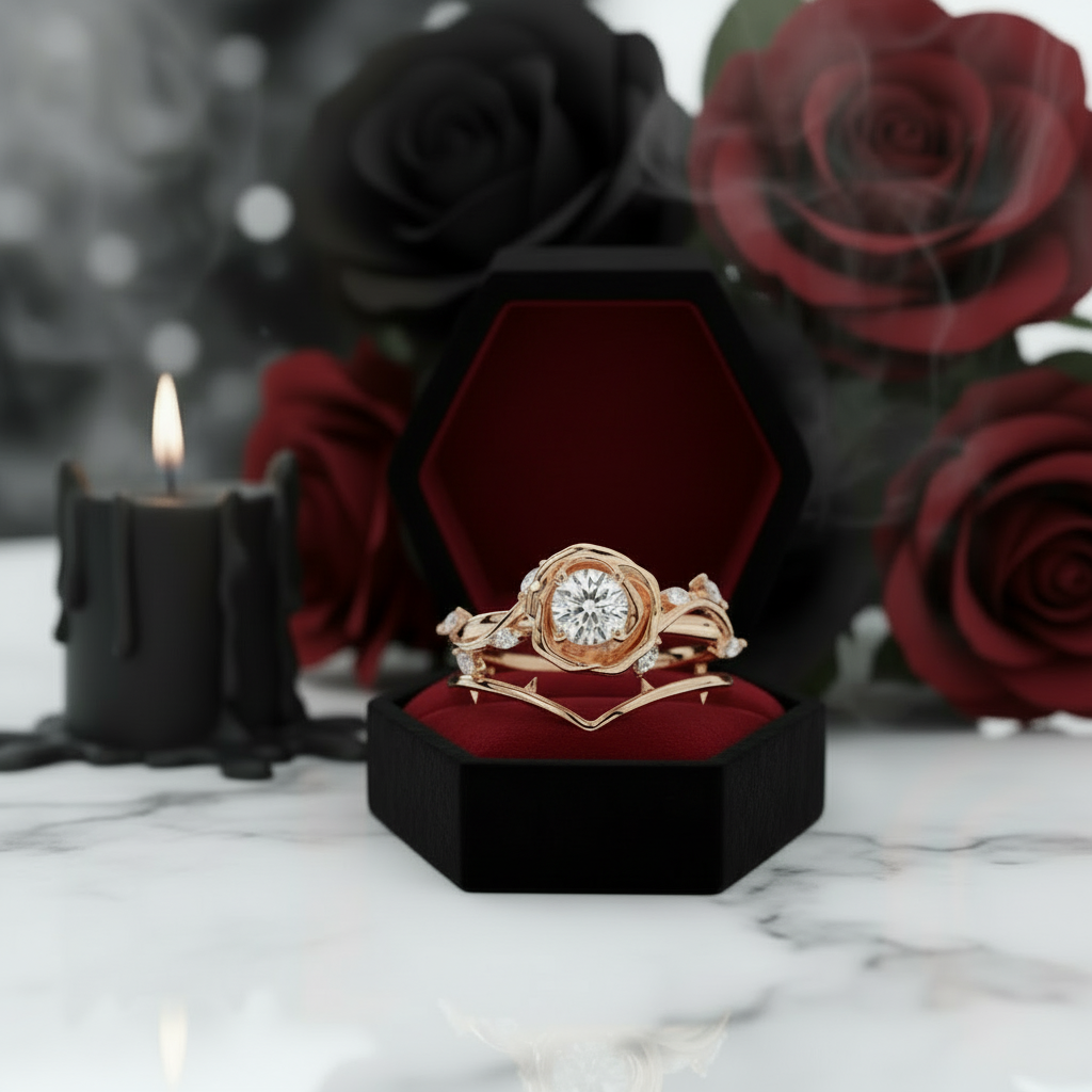 Black Rose- .50ct Round Cut Diamond Option 14k Gold Modern Goth Engagement Ring