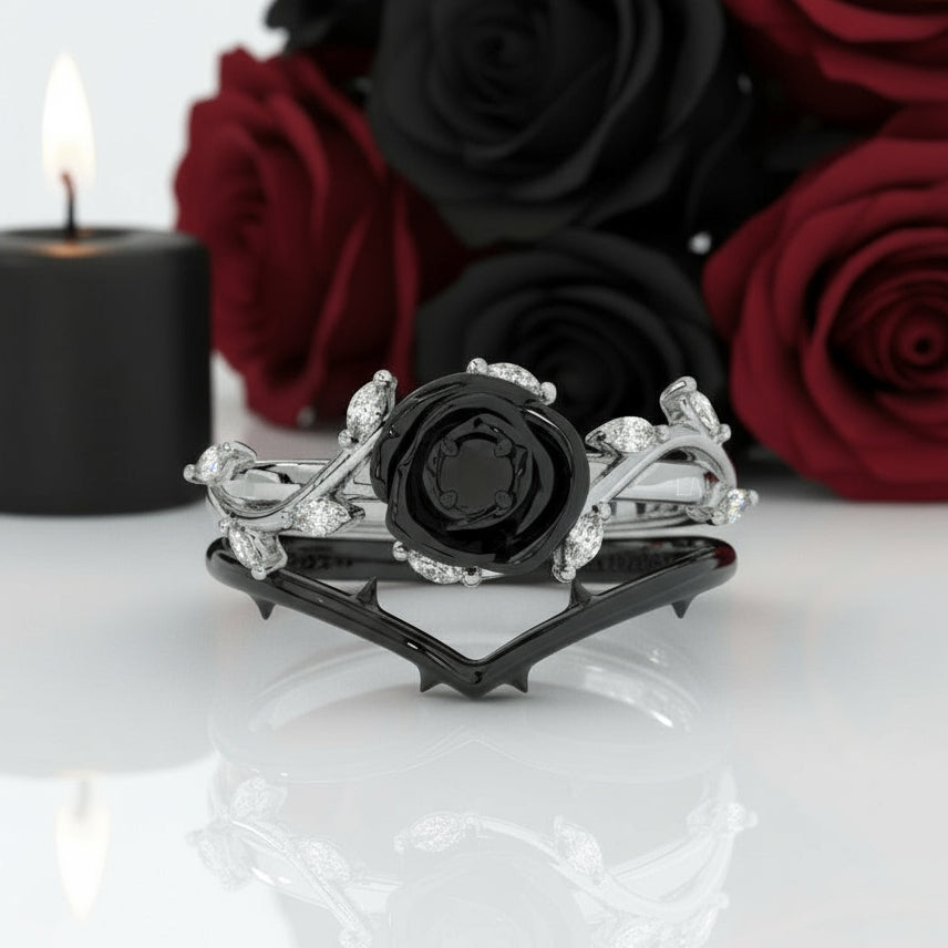 Black Rose- .50ct Round Cut Diamond Option 14k Gold Modern Goth Engagement Ring