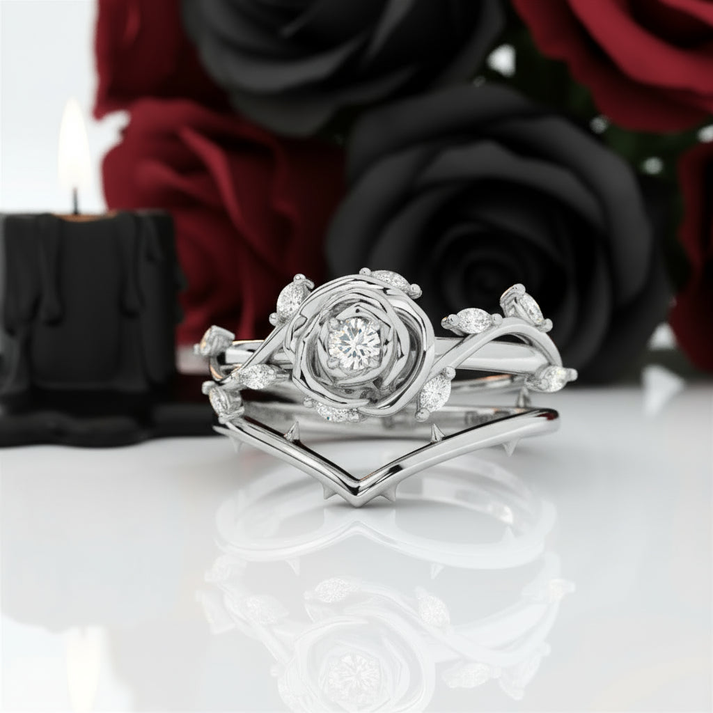 Black Rose- .50ct Round Cut Diamond Option 14k Gold Modern Goth Engagement Ring