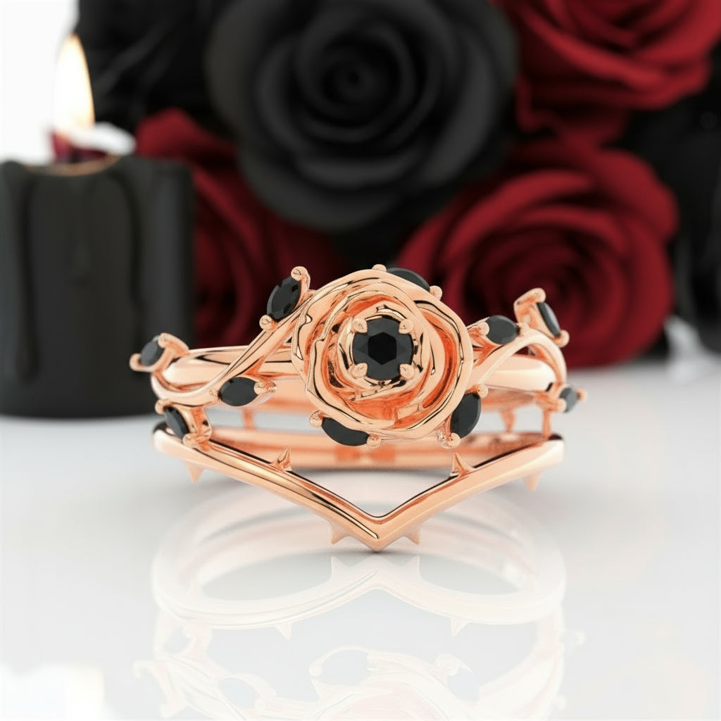 Black Rose- .50ct Round Cut Diamond Option 14k Gold Modern Goth Engagement Ring