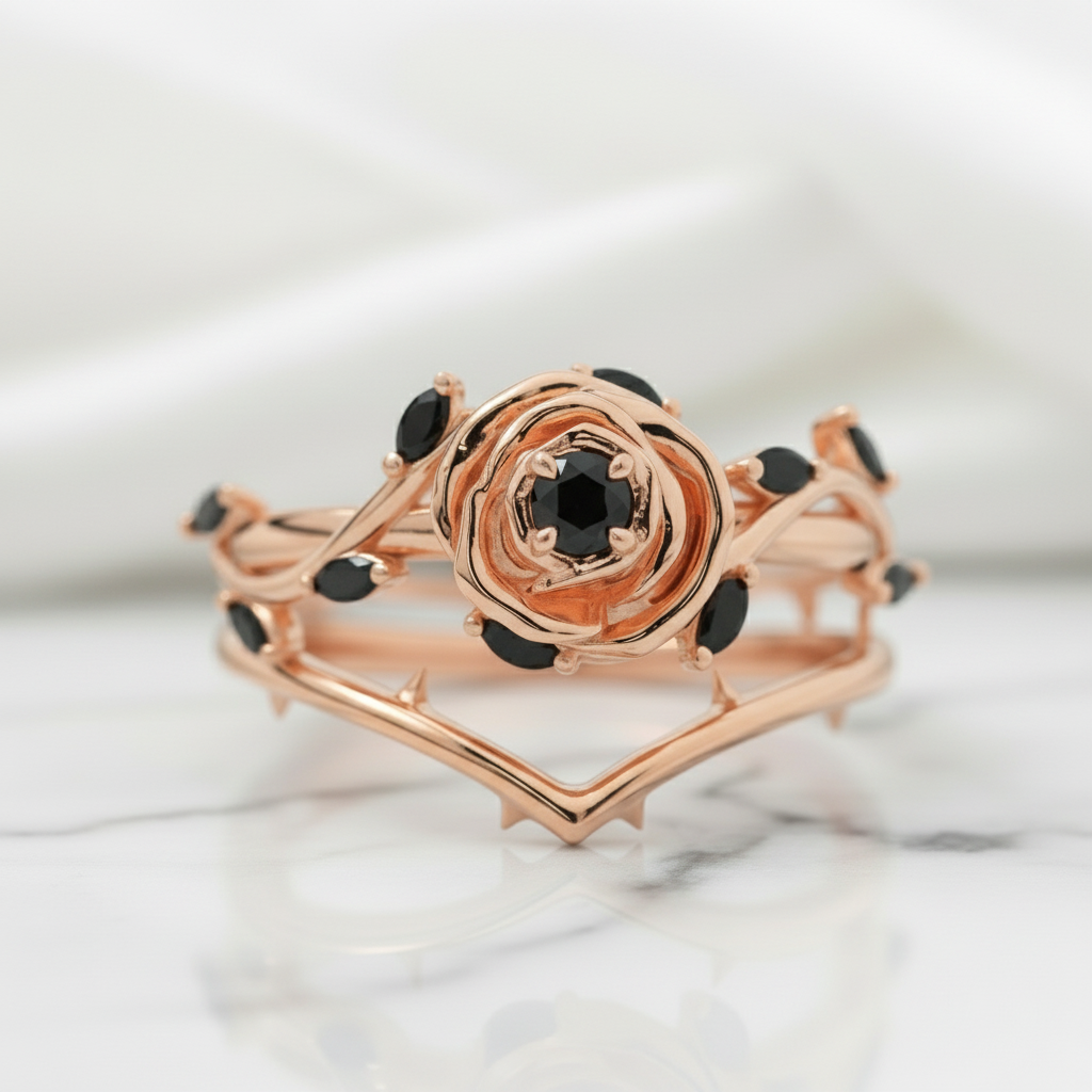 Black Rose- .50ct Round Cut Diamond Option 14k Gold Modern Goth Engagement Ring