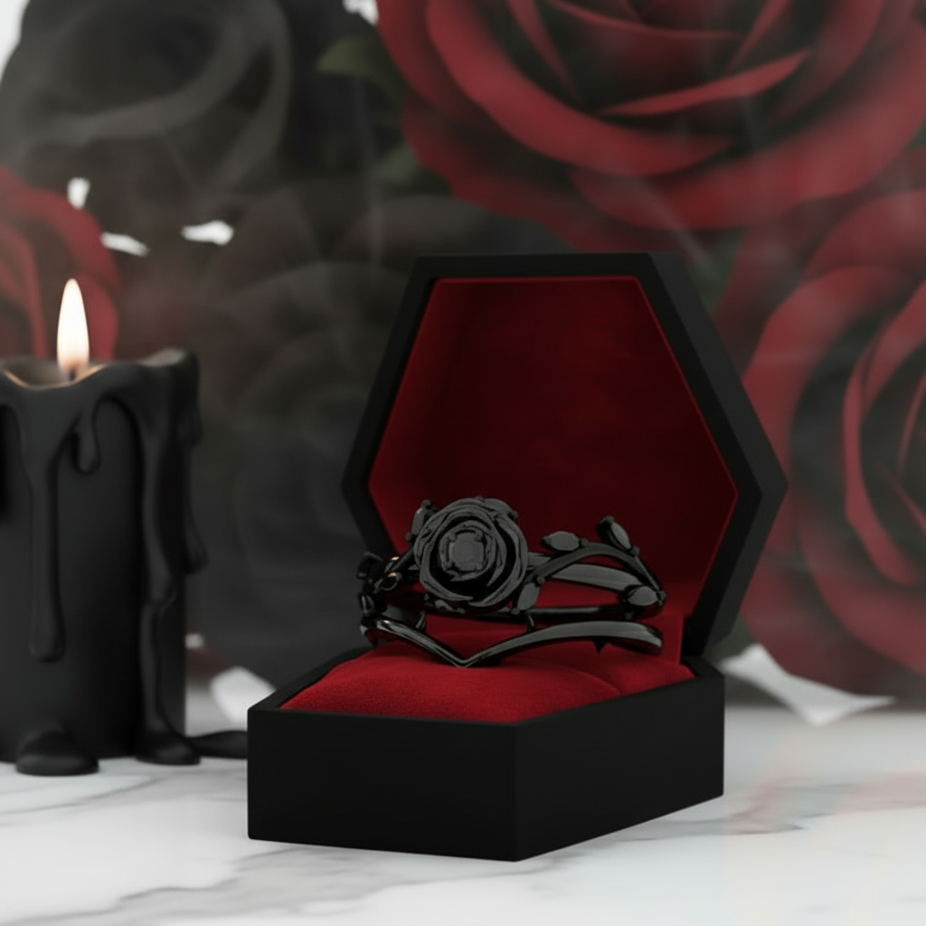 Black Rose- .50ct Round Cut Diamond Option 14k Gold Modern Goth Engagement Ring