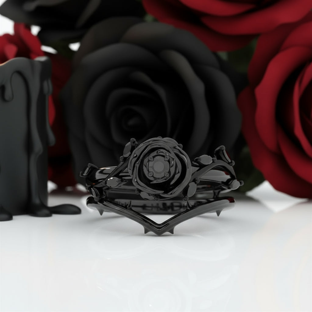 Black Rose- .50ct Round Cut Diamond Option 14k Gold Modern Goth Engagement Ring