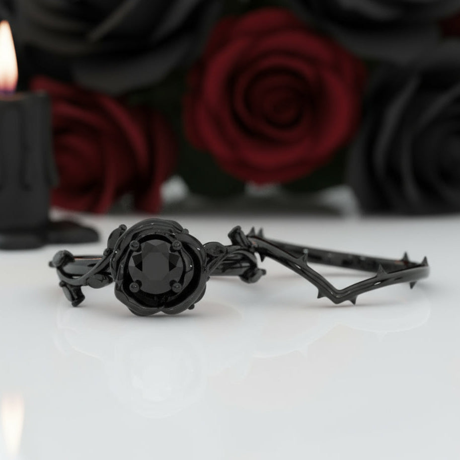 Black Rose- .50ct Round Cut Diamond Option 14k Gold Modern Goth Engagement Ring
