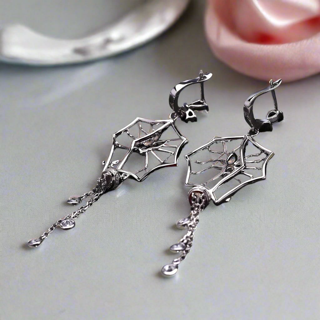 Black Spinel Spider Long Vintage Gothic Drop Earrings