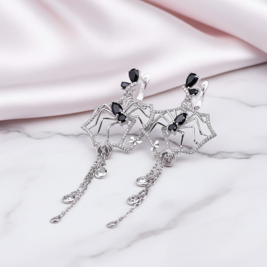 Black Spinel Spider Long Vintage Gothic Drop Earrings