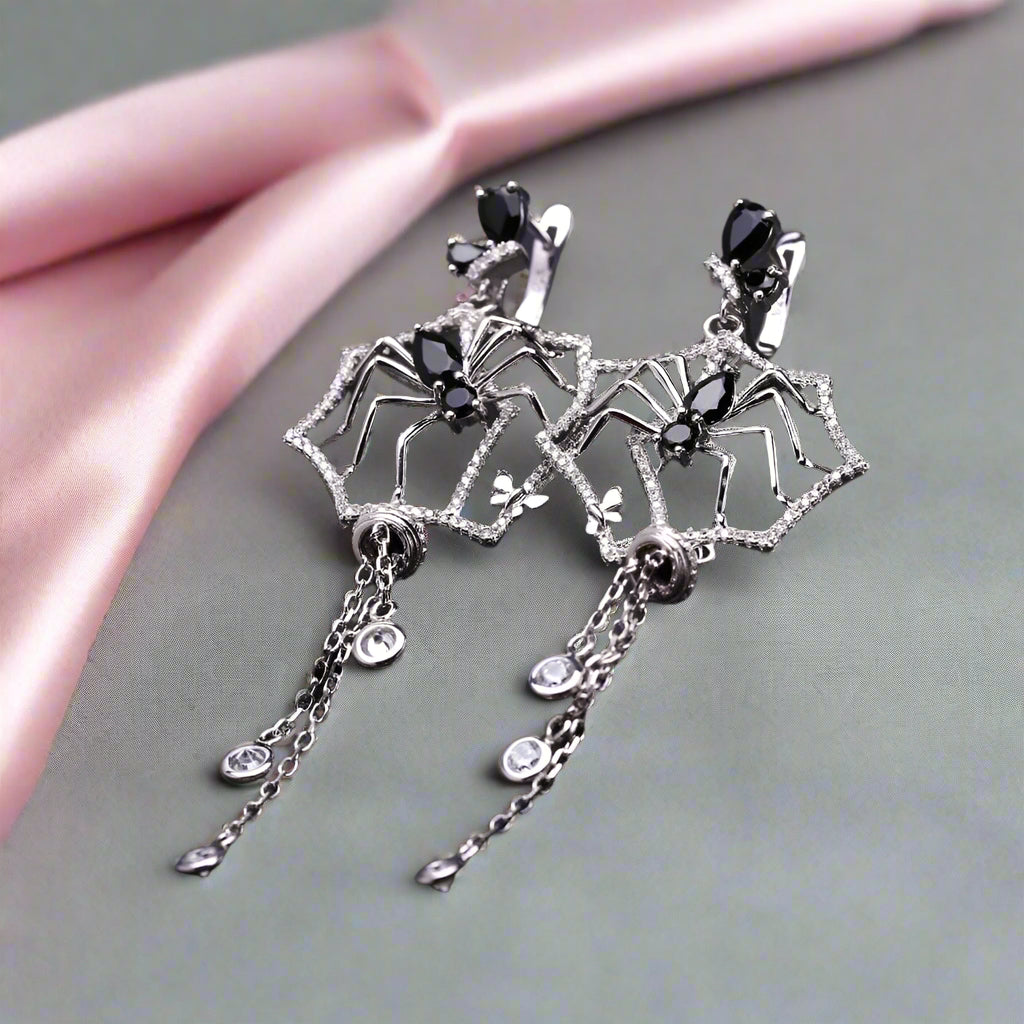 Black Spinel Spider Long Vintage Gothic Drop Earrings