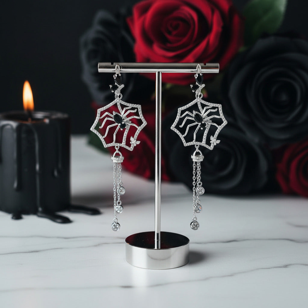 Black Spinel Spider Long Vintage Gothic Drop Earrings