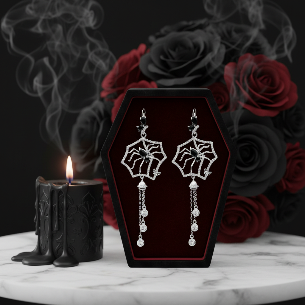Black Spinel Spider Long Vintage Gothic Drop Earrings