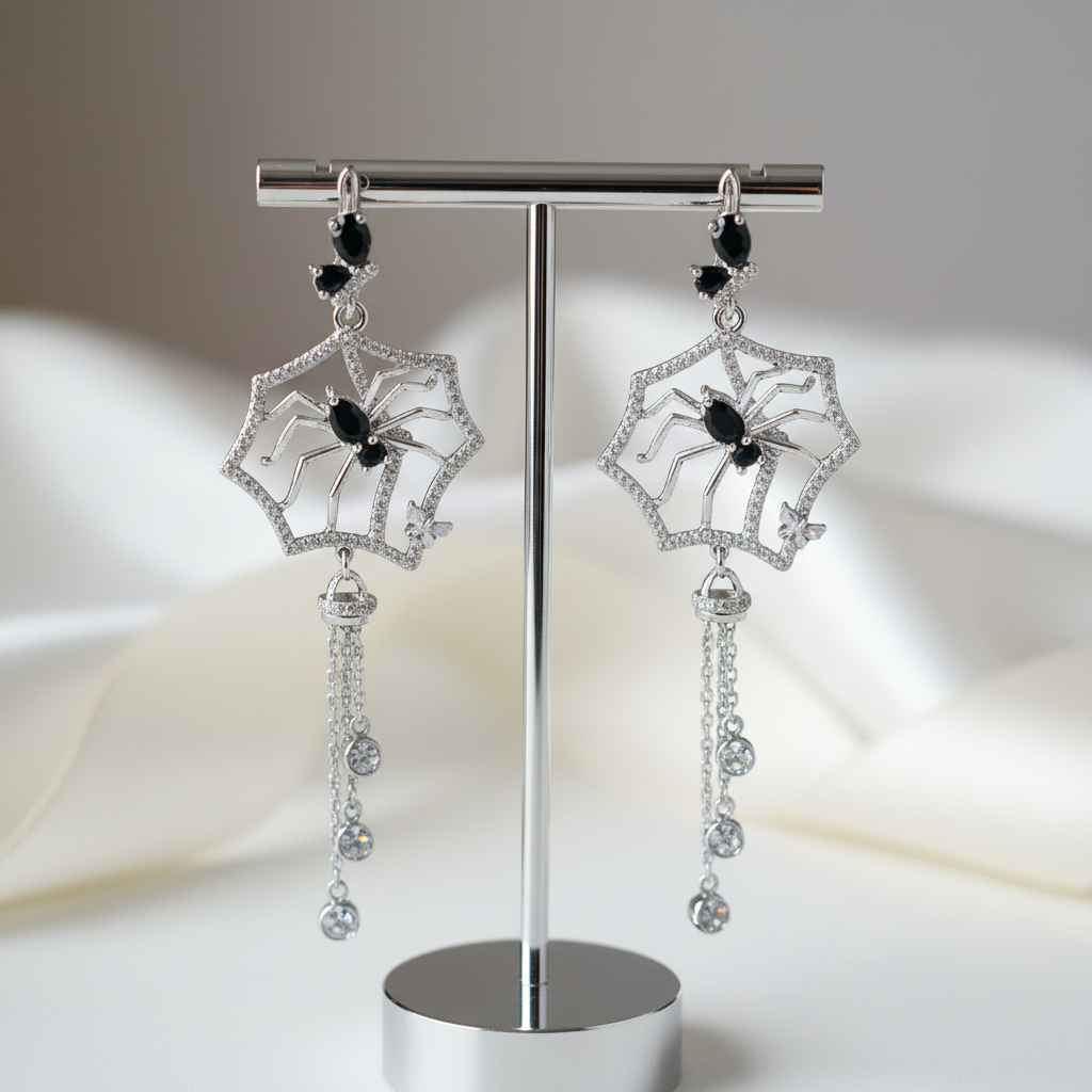 Black Spinel Spider Long Vintage Gothic Drop Earrings