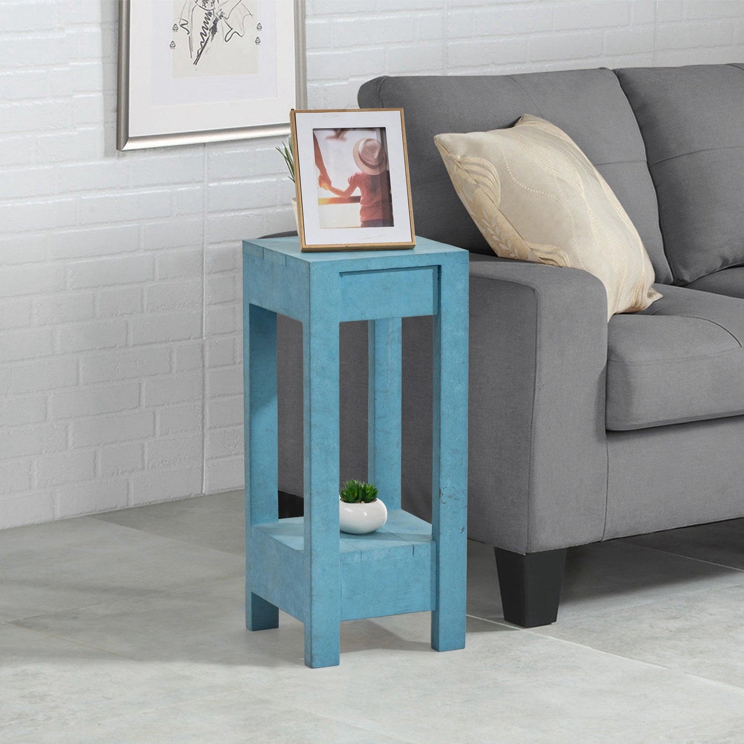 Blue Rectangle Wood Side Table