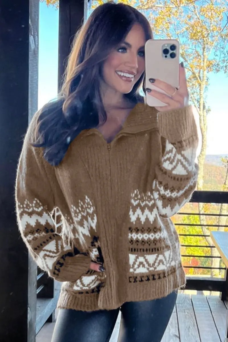 Sweaters Love Salve Brown Ribbed Cardigan Women's Western Style Fleece Zip-Up Top - Warm & Trendy