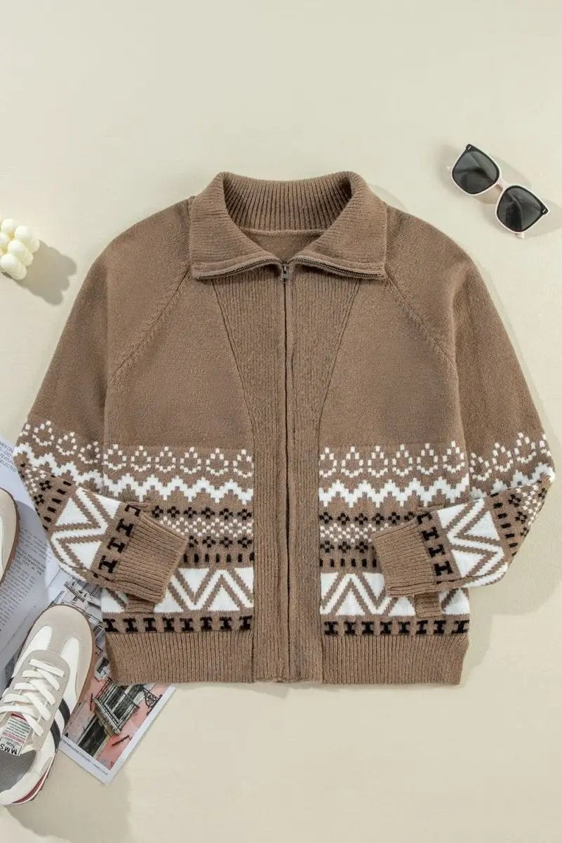 Sweaters Love Salve Brown Ribbed Cardigan Women's Western Style Fleece Zip-Up Top - Warm & Trendy
