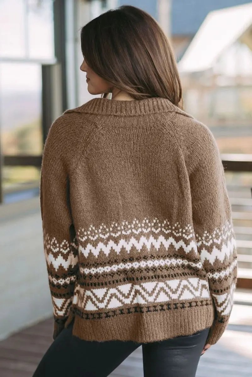 Sweaters Love Salve Brown Ribbed Cardigan Women's Western Style Fleece Zip-Up Top - Warm & Trendy