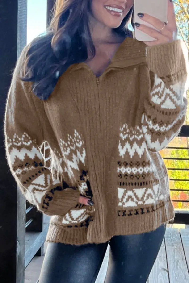 Sweaters Love Salve Brown Ribbed Cardigan Women's Western Style Fleece Zip-Up Top - Warm & Trendy
