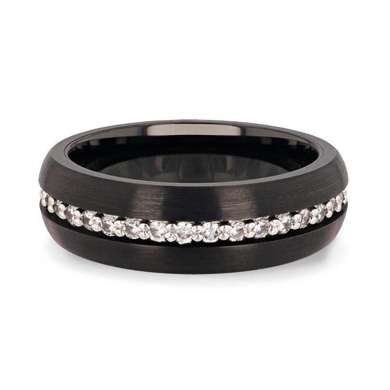 TSAR Black Tungsten Carbide Ring, Domed Brushed Finish with White Sapphires – 8mm