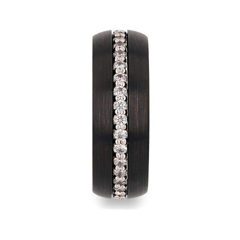 TSAR Black Tungsten Carbide Ring, Domed Brushed Finish with White Sapphires – 8mm