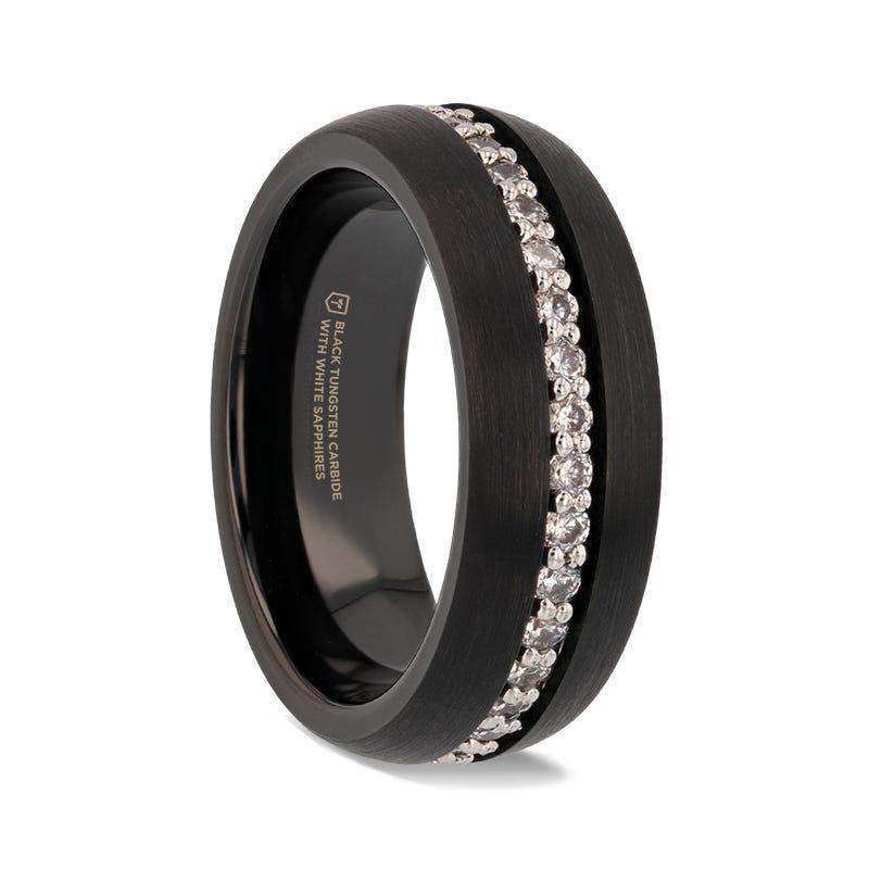 TSAR Black Tungsten Carbide Ring, Domed Brushed Finish with White Sapphires – 8mm