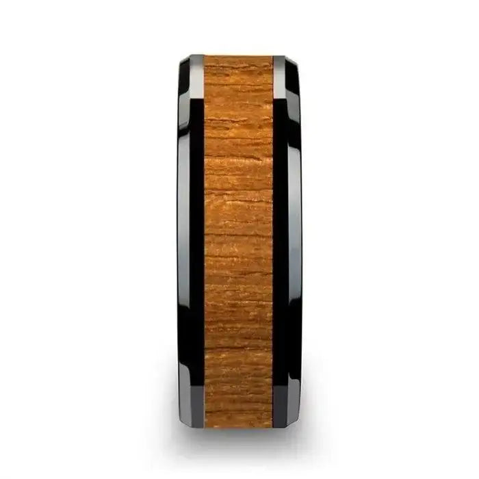 SAGON Black Ceramic Ring with Polished Bevels and Teak Wood Inlay - 6mm - 10mm