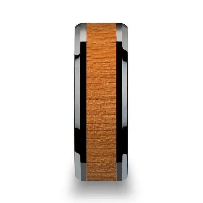 IOWA Black Ceramic Wedding Ring with Polished Bevels and Black Cherry Wood Inlay - 6mm - 10mm
