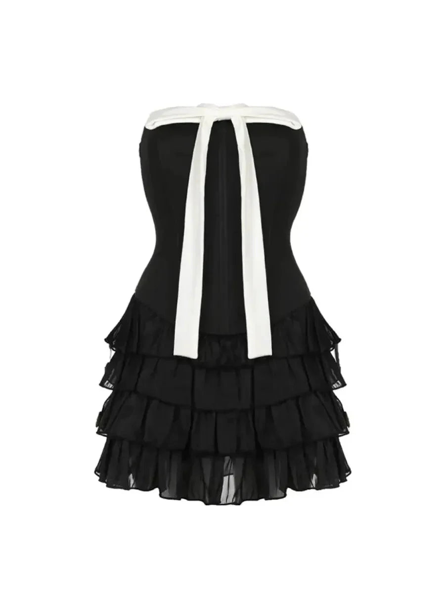 'Black Forrest' Black & White Ribbon Corset Bodysuit Dress