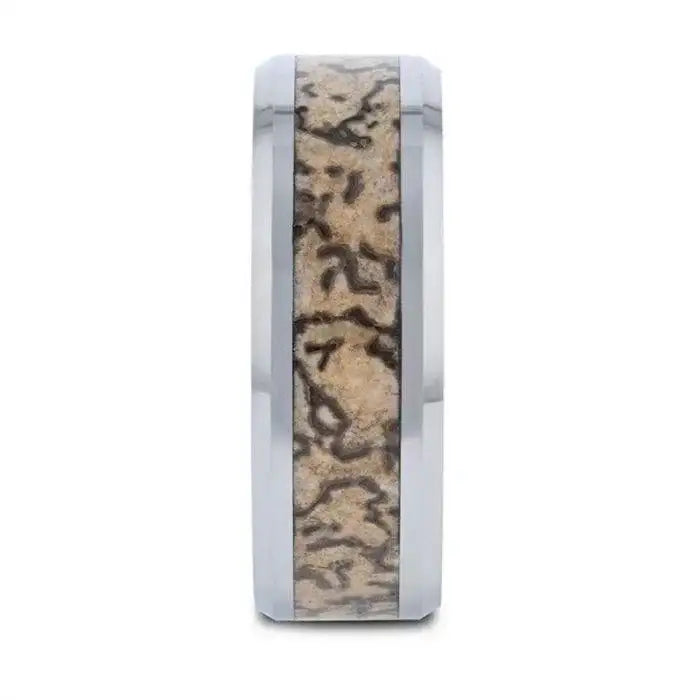 ORDOVICIAN Dinosaur Bone Inlaid Tungsten Carbide Beveled Edged Ring - 4mm or 8mm