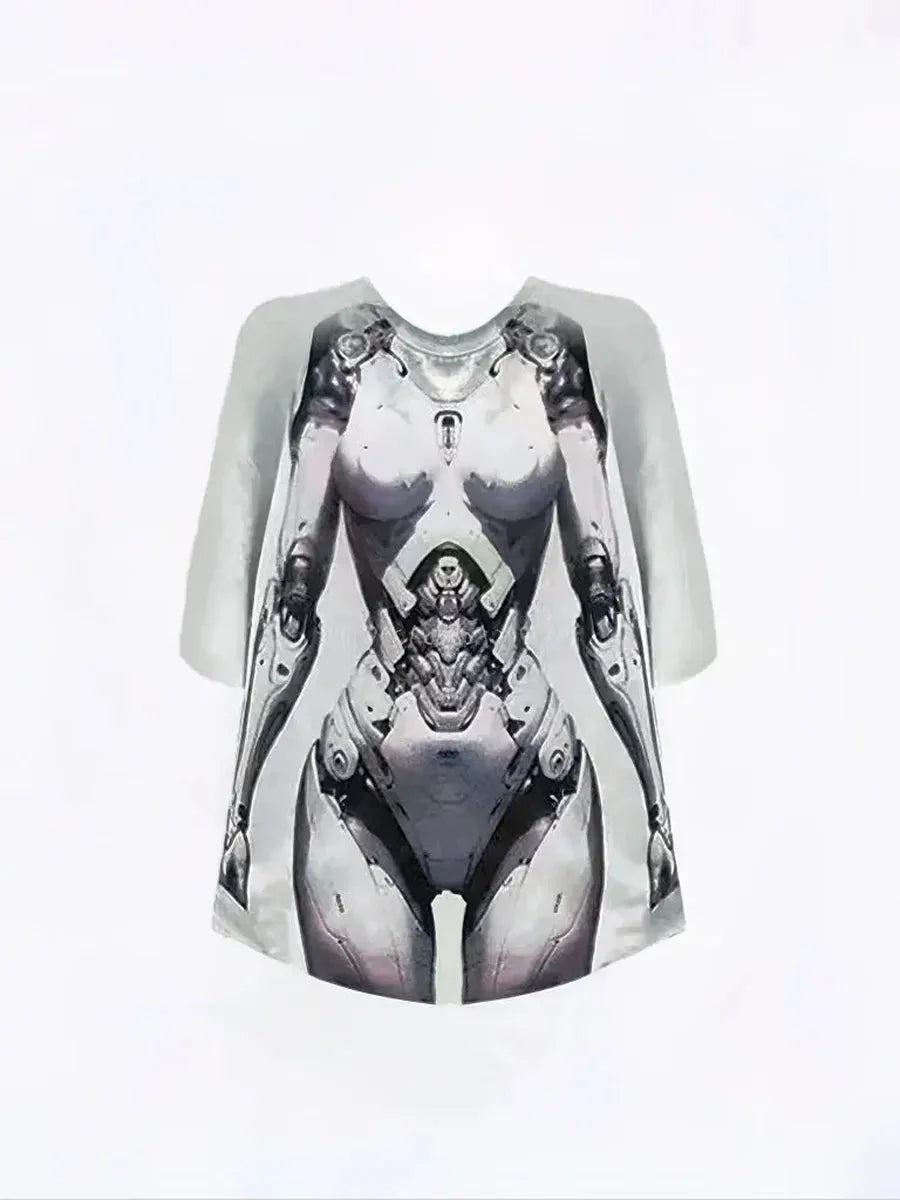 Bikini Body Future AI Body Prints Oversized T Shirt in white with cyberpunk Machine Girl style graphic