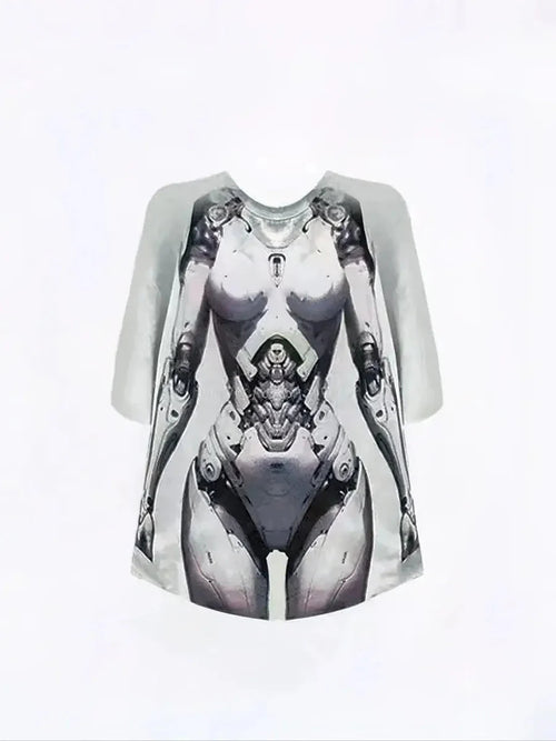 Bikini Body Future AI Body Prints Oversized T Shirt in white with cyberpunk Machine Girl style graphic