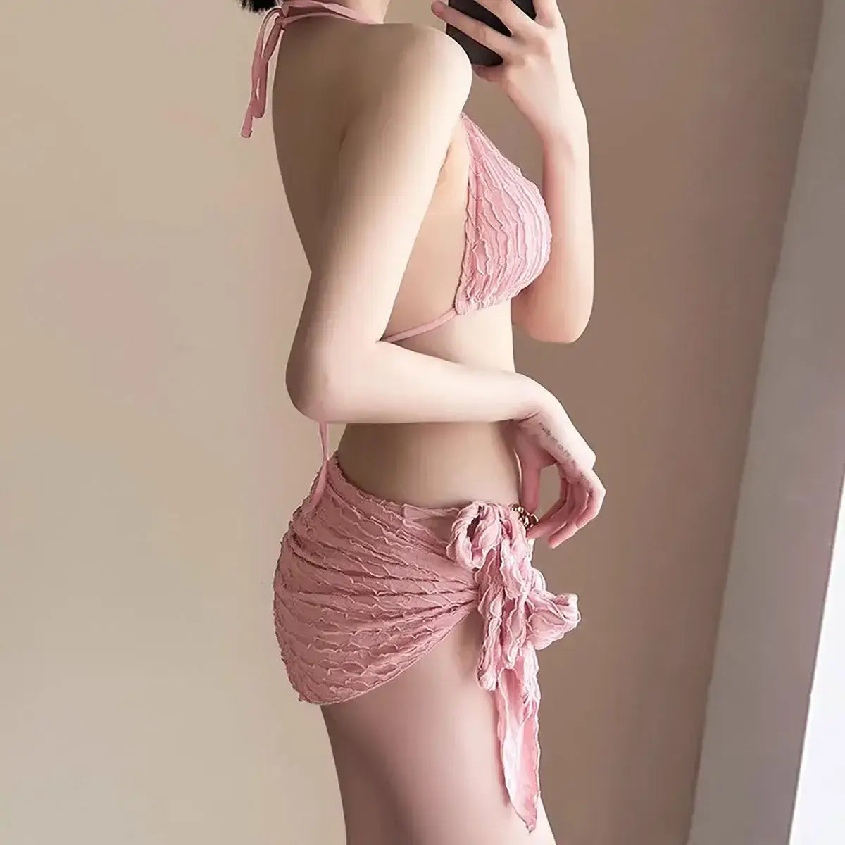 Chain Halter Bikini Set with Skirt – Korean 3PCS Beach Swimwear