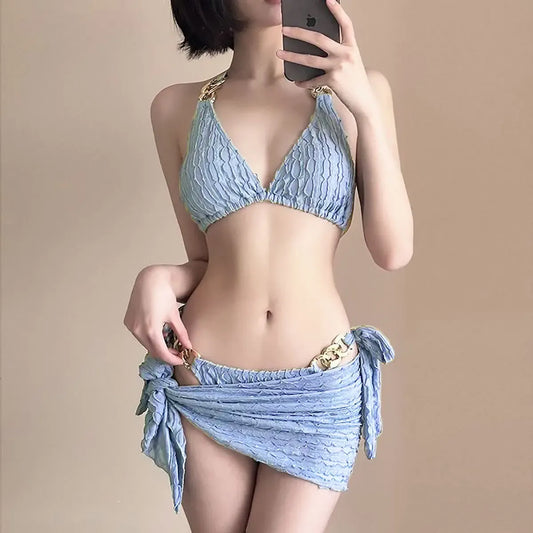 Chain Halter Bikini Set with Skirt – Korean 3PCS Beach Swimwear
