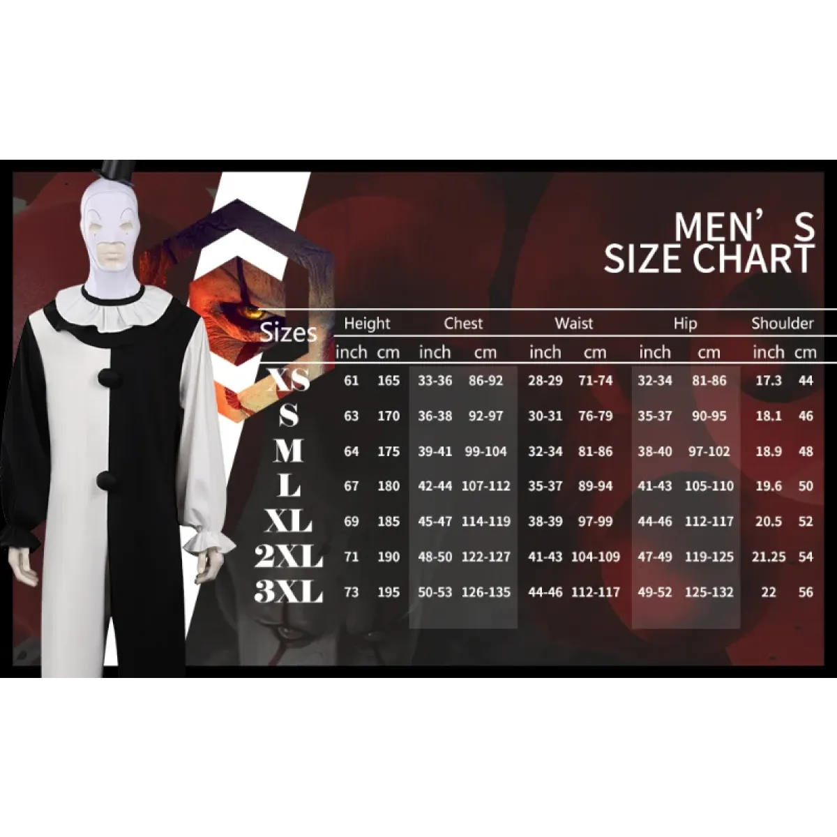 Terrifier 2 Art The Clown Cosplay Costume – Jumpsuit & Mask Halloween Set