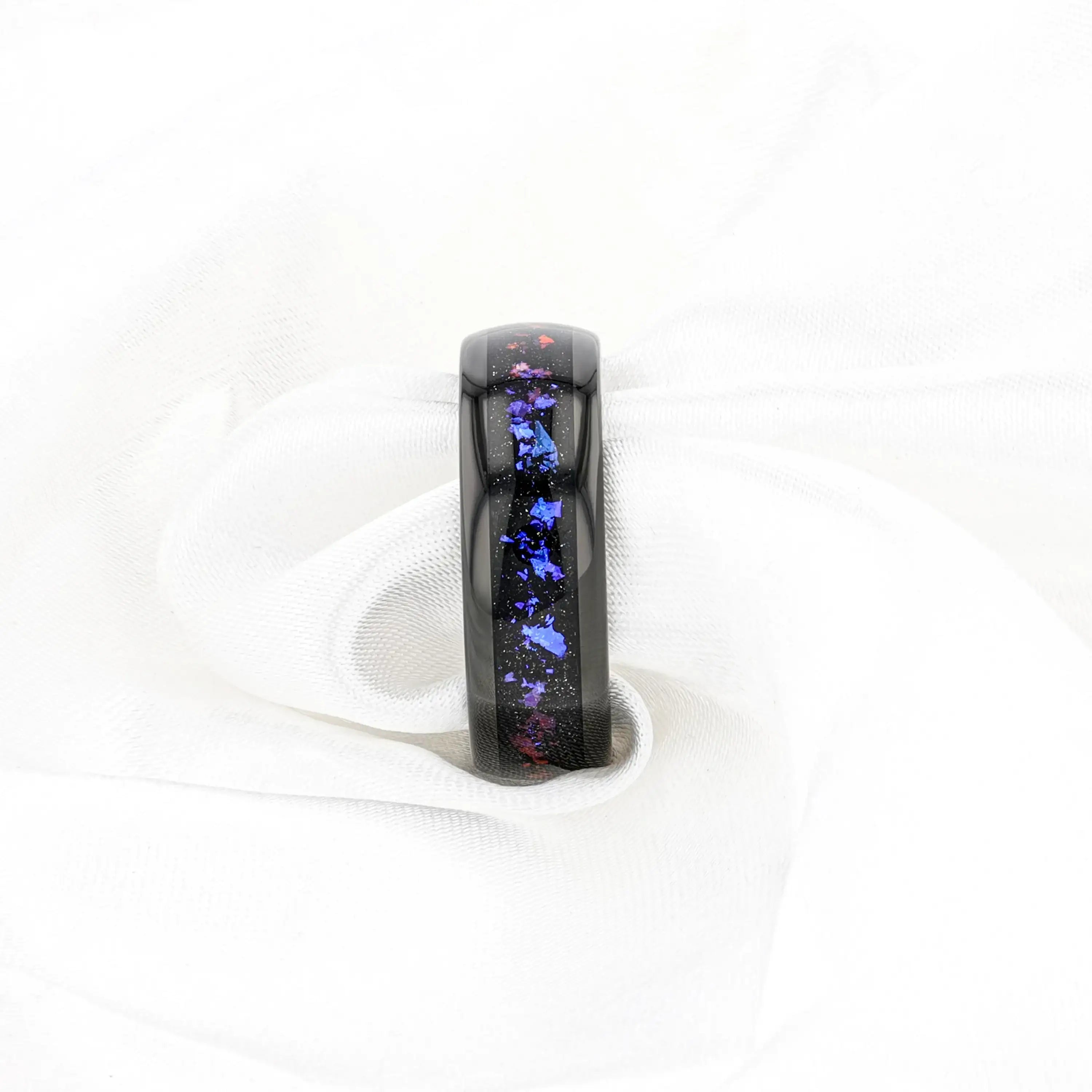 COSMIC Black Tungsten Ring with Crushed Alexandrite and Dark Blue & Purple Crushed Goldstone – 4mm to 8mm