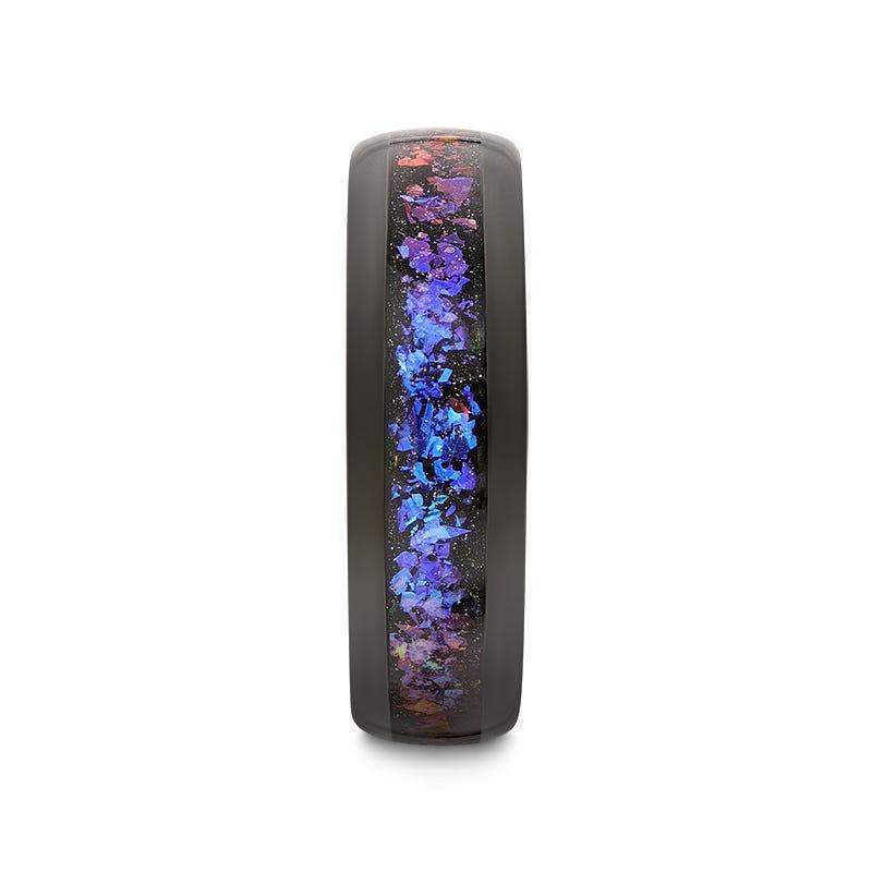 COSMIC Black Tungsten Ring with Crushed Alexandrite and Dark Blue & Purple Crushed Goldstone – 4mm to 8mm